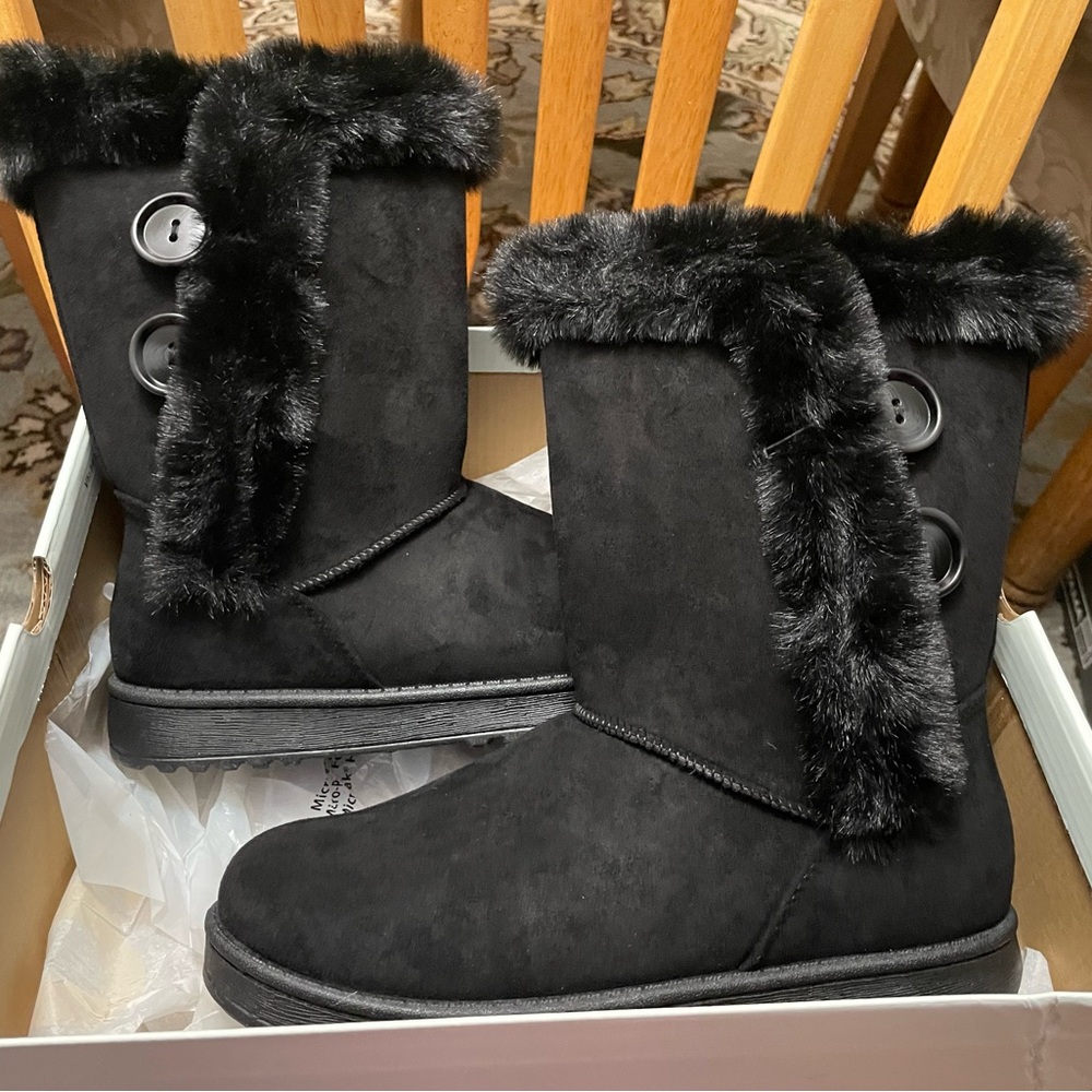 Black Faux Fur Button Boots